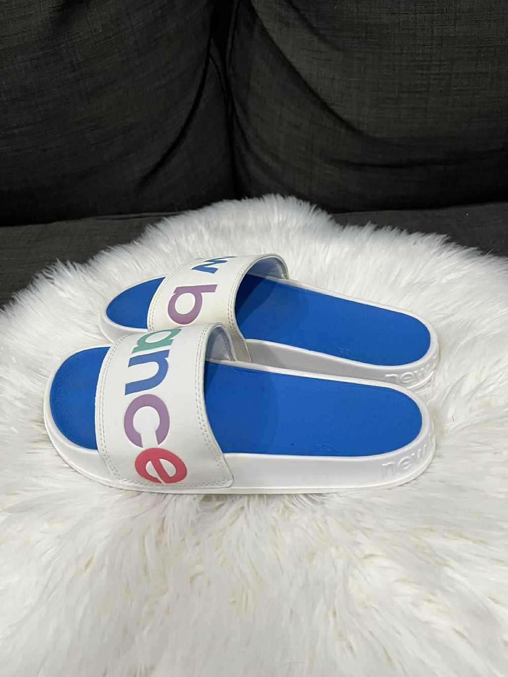 New Balance White Slide Sandals with Bright Blue Footbed and Multicolor Logo - Picture 6 of 6